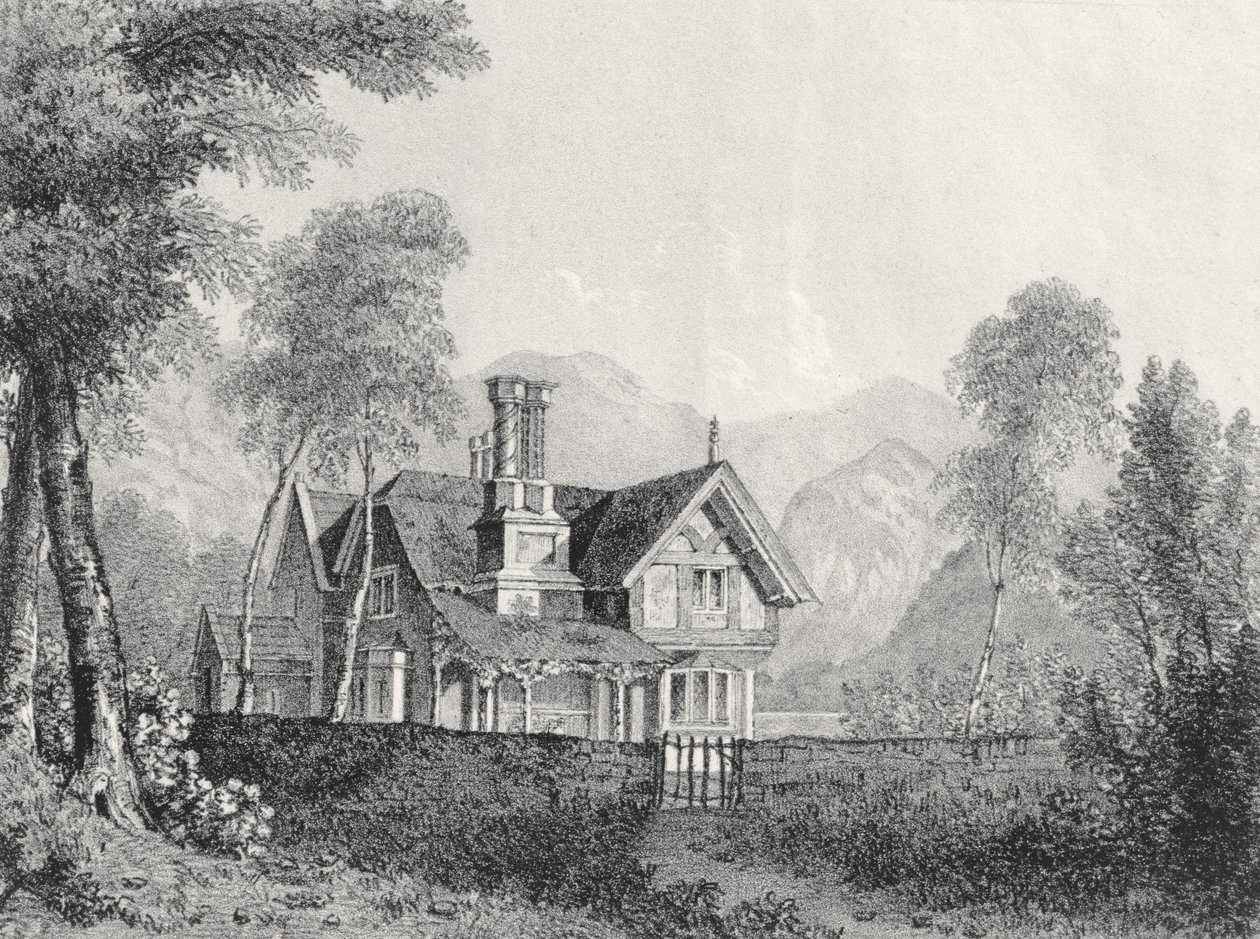 En stuga i ett landskap, från Michael Faradays klippbok, 1825 av English School