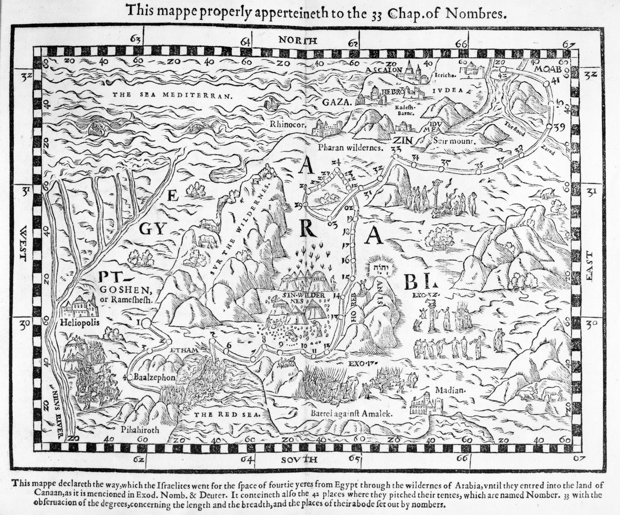 En karta som visar israeliternas resa ut ur Egypten och in i Kanaan, faksimil av en bild från Genèvebibeln från 1560 av English School