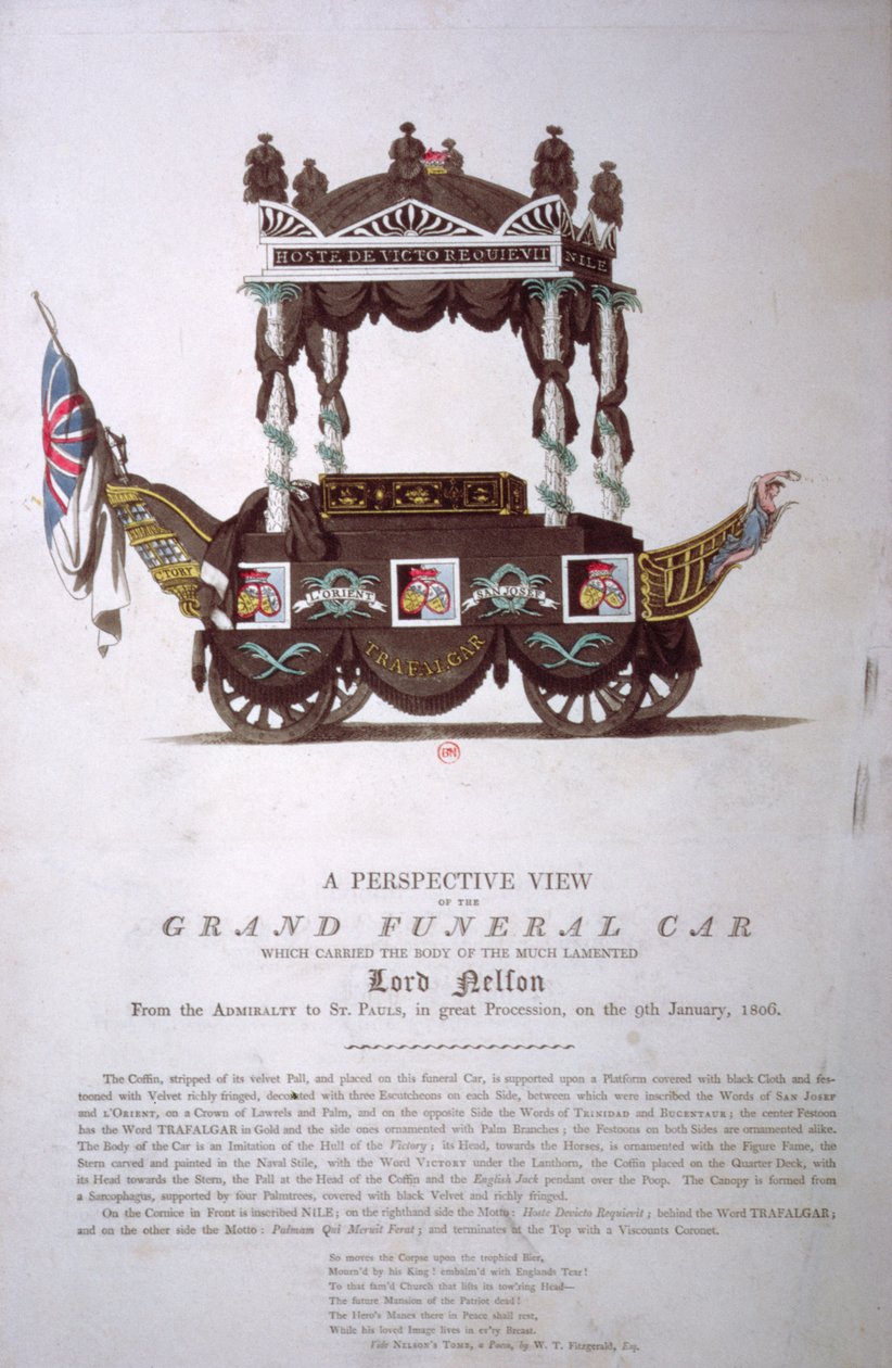 En perspektivvy av den storslagna begravningsbilen som bar Lord Nelsons kropp från Amiralitetet till St. Pauls Cathedral den 9 januari 1806 av English School