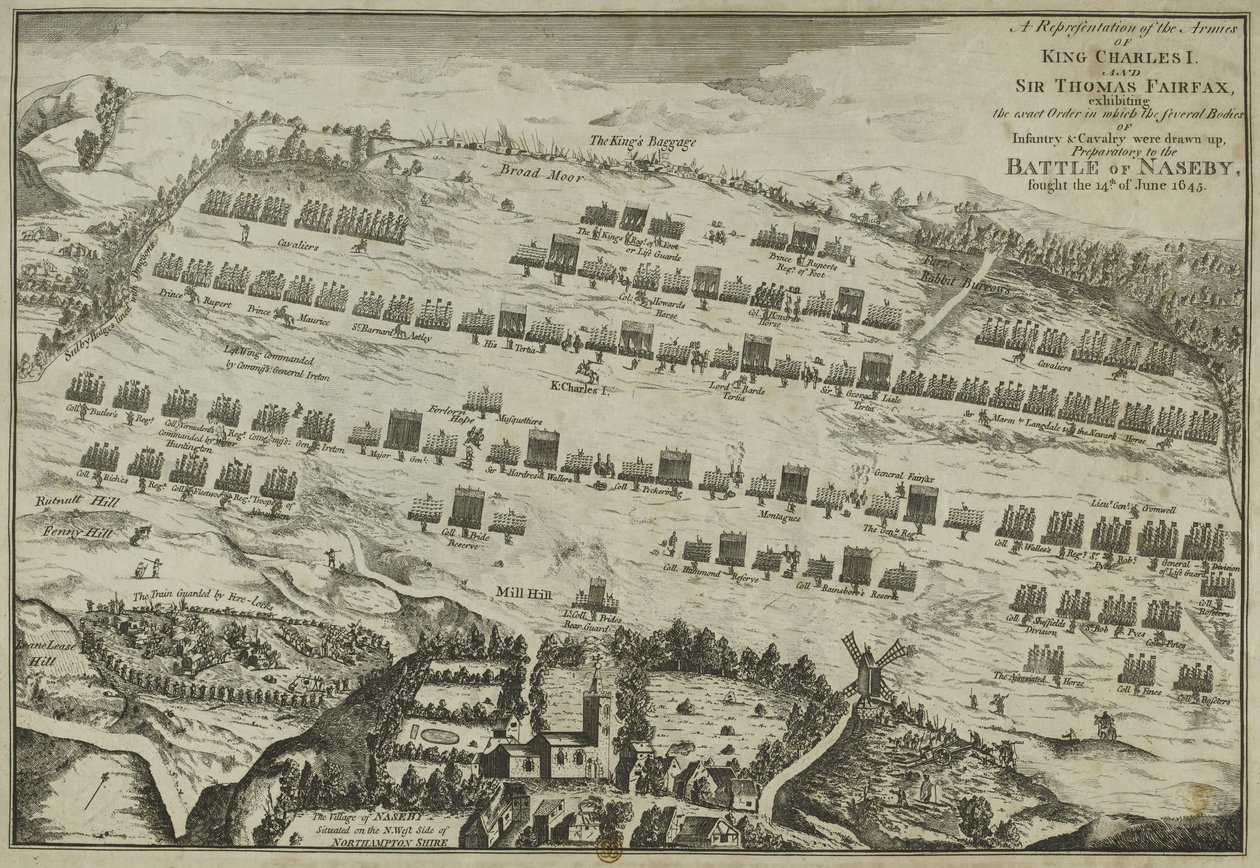 En representation av arméerna av kung Charles I och Sir Thomas Fairfax som visar den exakta ordningen, förberedande till slaget vid Naseby, 1645 av English School