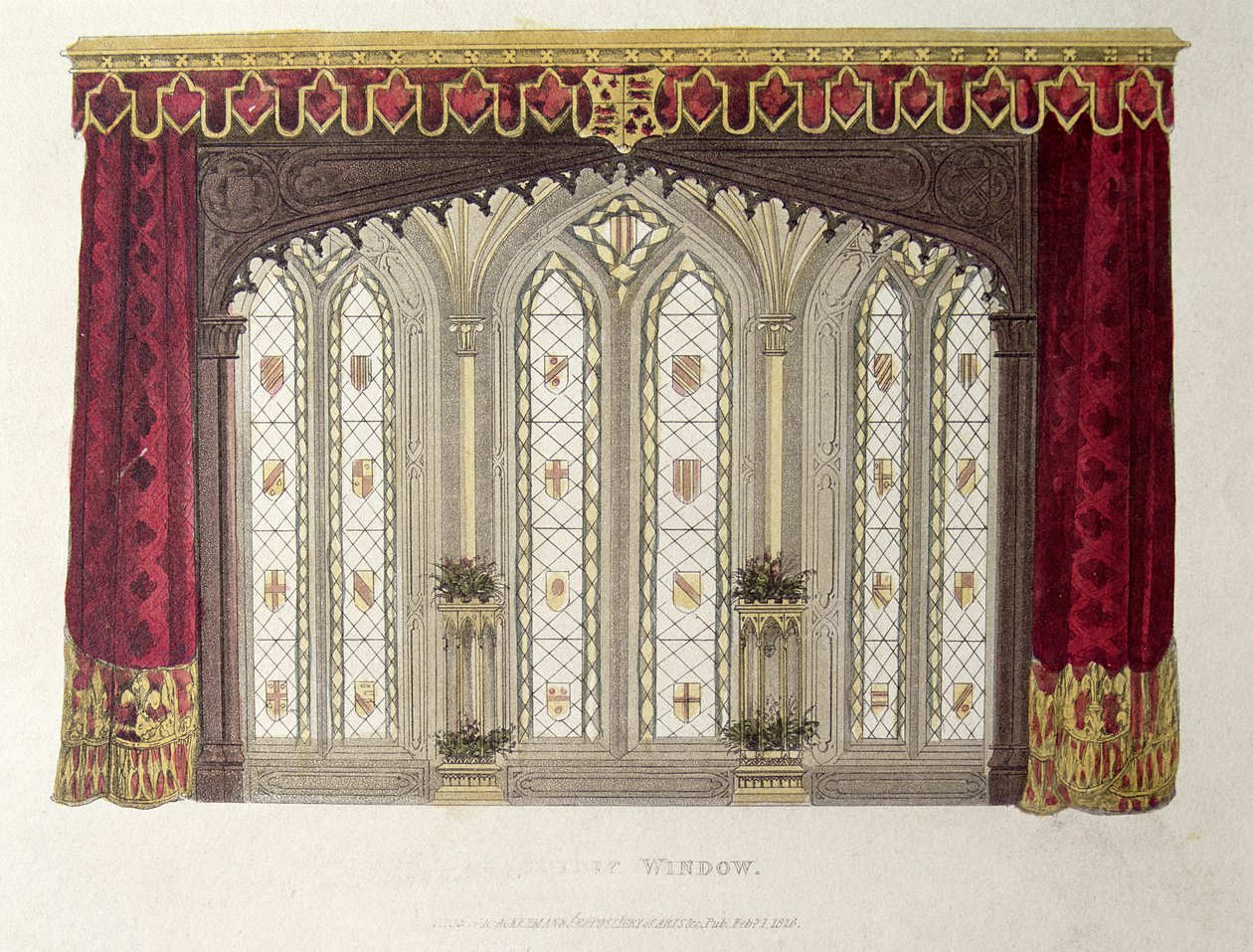 En uppsättning fortsatta franska draperifönstergardiner, skylt 33 från Ackermanns Repository of Arts, publicerad 1811 av English School