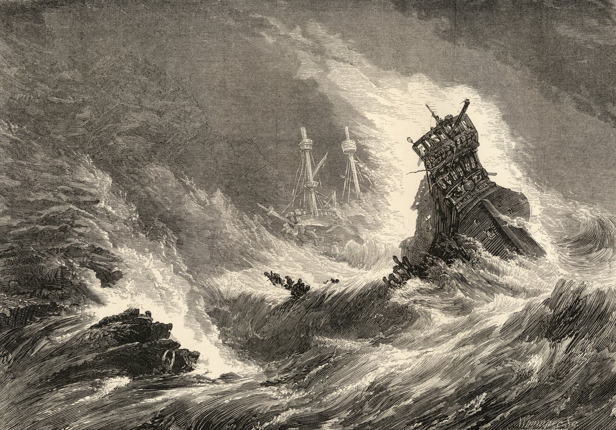 Ett skepp från den spanska armadan, förliste på Irlands västkust, illustration från "Spanish Pictures" av pastor Samuel Manning av English School