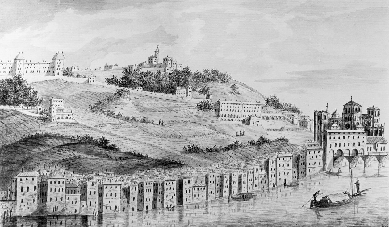 En vy över hamnen i staden Lyon från Rhone, 1870 av English School