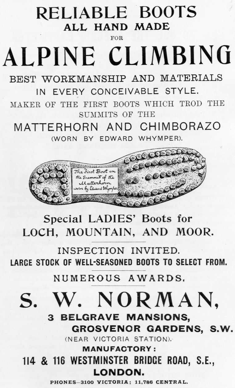 Annons för S. W. Norman alpina klätterskor, illustration från 