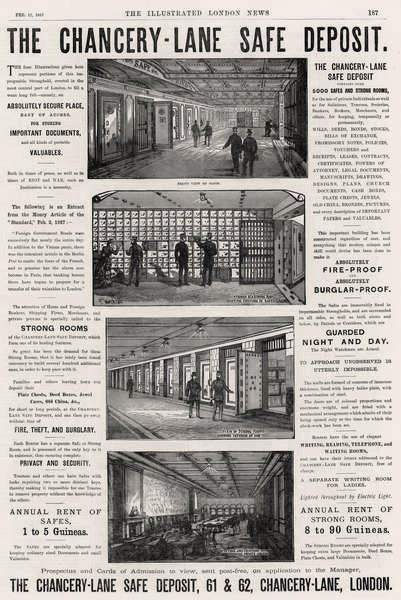 Annons för The Chancery Lane Safe Deposit, från The Illustrated London News, 12 februari 1887 av English School