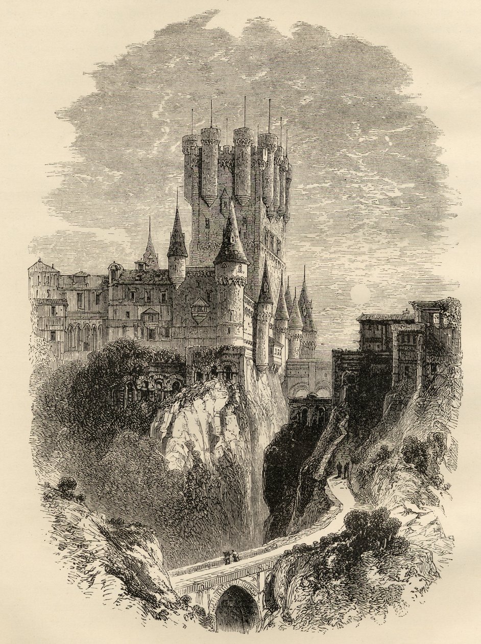 Alcazar i Segovia, Spanien före branden 1862, illustration från "Spanish Pictures" av pastor Samuel Manning av English School