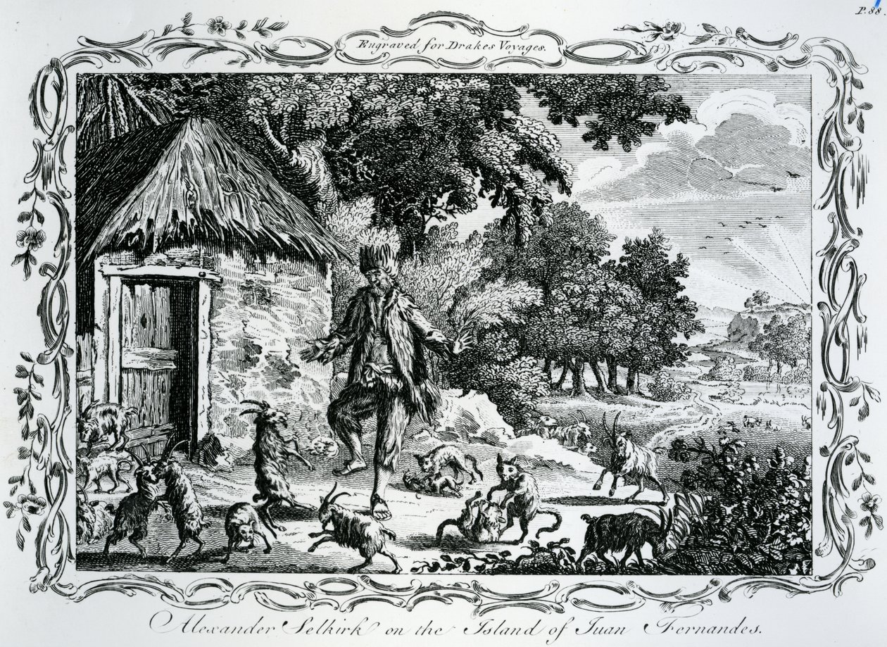 Alexander Selkirk på ön Juan Fernandez, publicerad i 