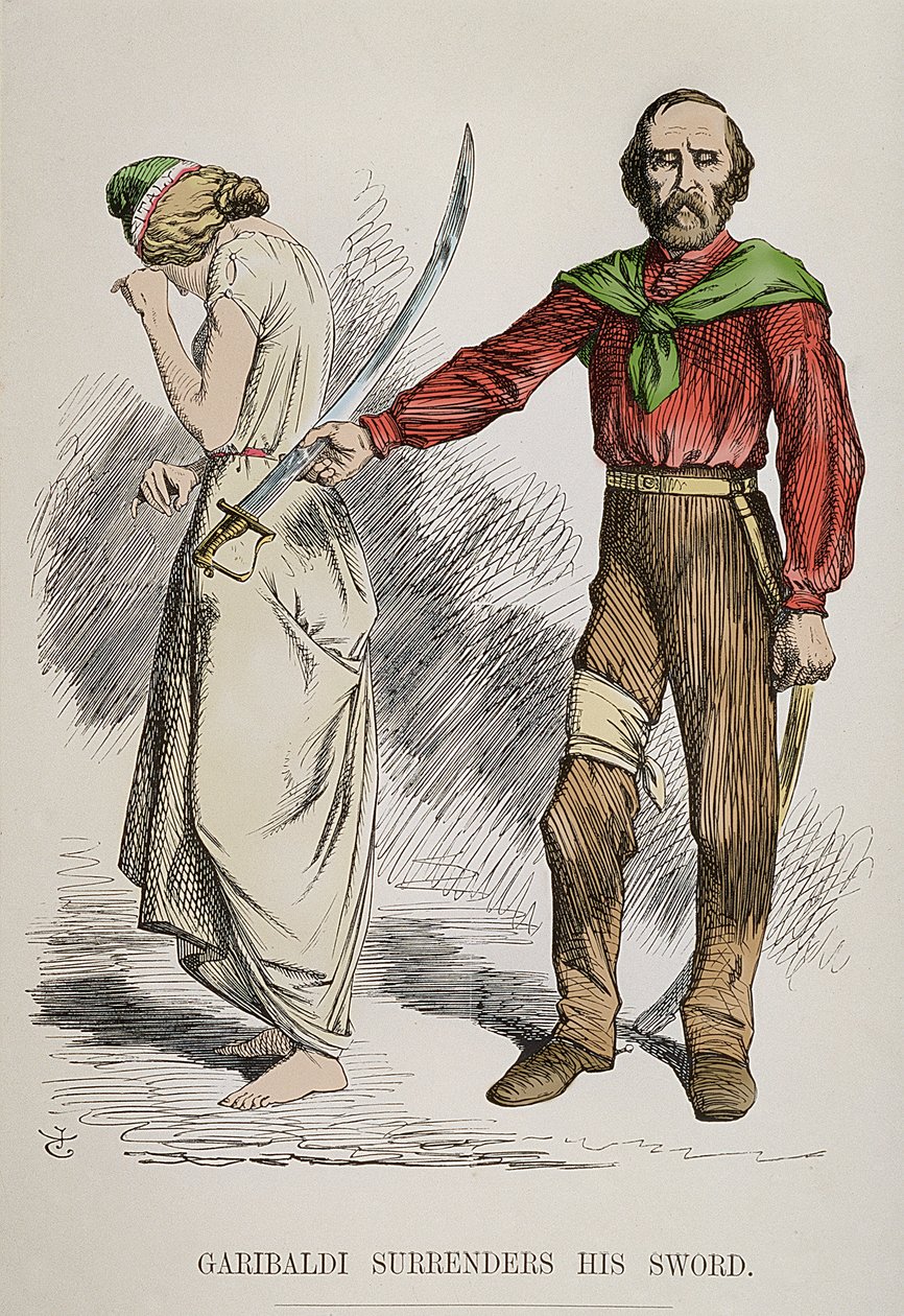 Allegori om Garibaldi som lägger ner sitt svärd och lämnar Rom, 1849 av English School