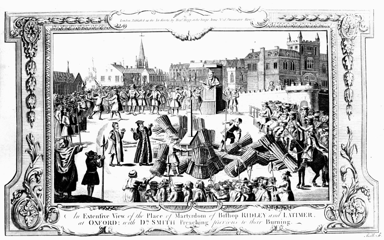 En omfattande vy av platsen för martyrskap för biskop Ridley (ca 1500-55) och Latimer (ca 1485-1555) i Oxford med Dr. Smith som predikade före deras bränning av English School