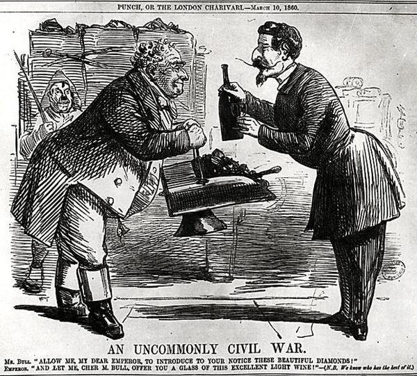 Ett ovanligt inbördeskrig, från Punch, eller London Charivari, 10 mars 1860 av English School