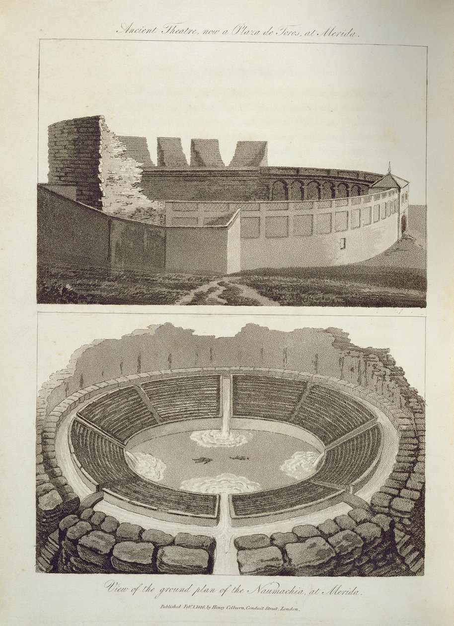 Ancient Theatre, nu en Plaza de Toros, och en vy över grundplanen för Naumachia, på Merida, pub. av Henry Colburn, 1816 av English School