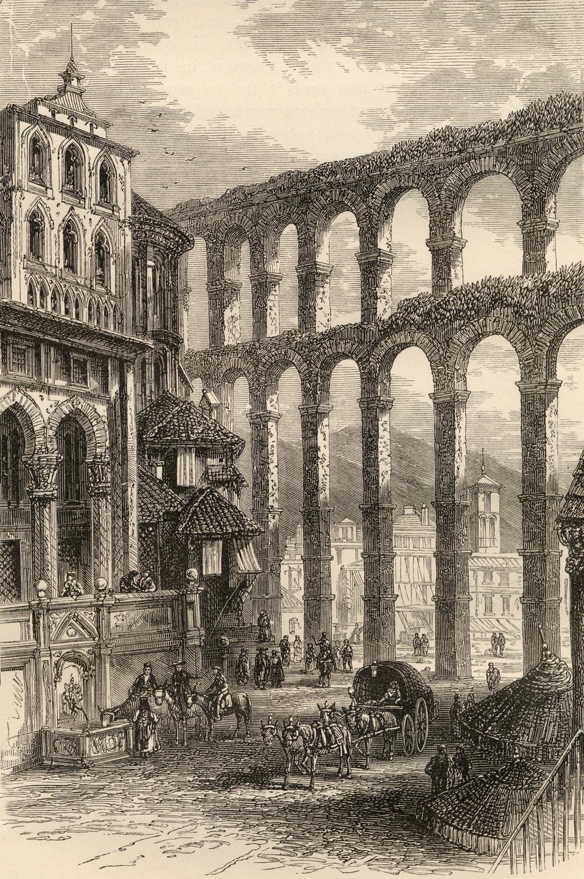 Akvedukt i Segovia, Spanien, illustration från "Spanish Pictures" av pastor Samuel Manning. av English School