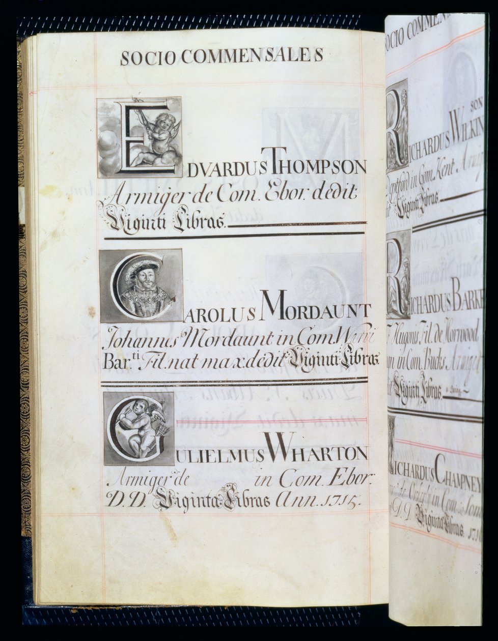 Arkiv 3693 f.58v Sida som listar tre välgörare från New College, Oxford; Edvardus Thompson, Carolus Mordaunt och Gulielmus Wharton, från en välgörenhetsbok, 16812-84 (penna och bläck) av English School