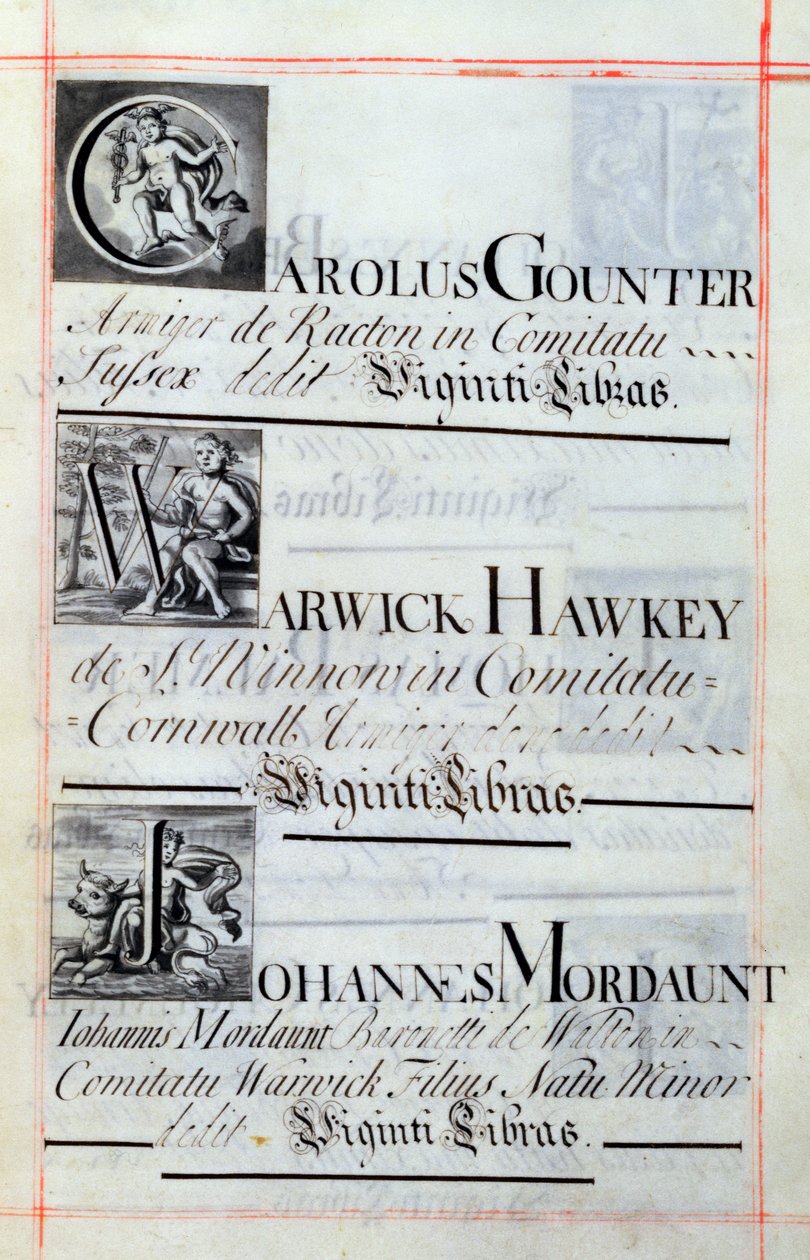 Arkiv 3693 f.62 Sida som listar tre välgörare från New College, Oxford; Carolus Gounter, Warwick Hawkey och Johannes Mordaunt, från en välgörenhetsbok, 16812-84 (penna och bläck) av English School