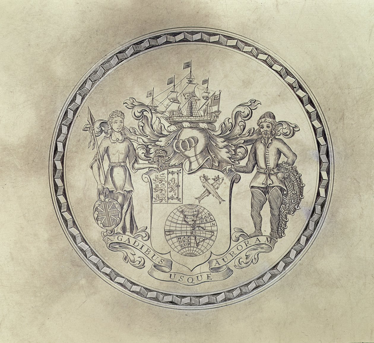 Armorials of the South Sea Company, graverade på en salver, 1714 (förgylld silver) av English School