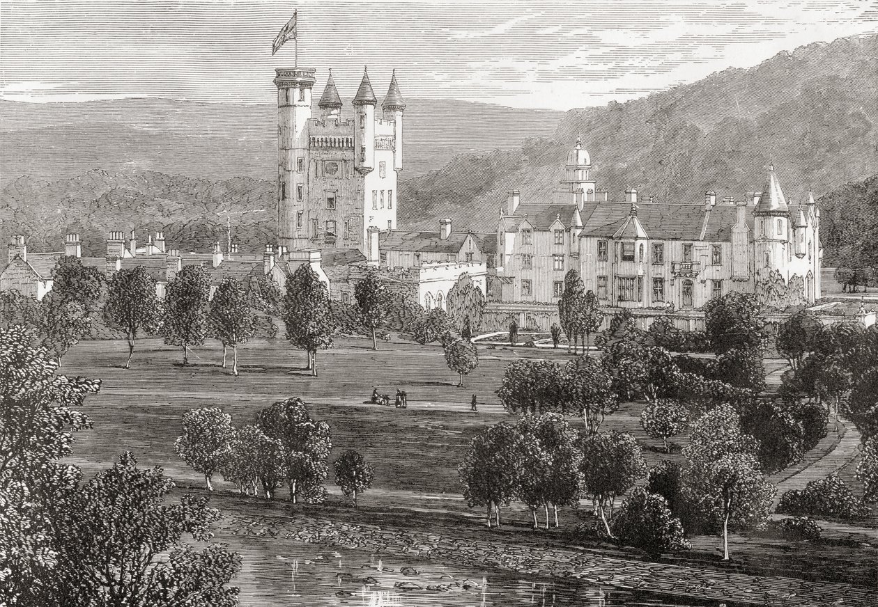 Balmoral Castle, Aberdeenshire, sett från floden Dee, från "Scottish Pictures Drawn with Pen and Pencil", av Samuel G. Green, publicerad 1886 av English School