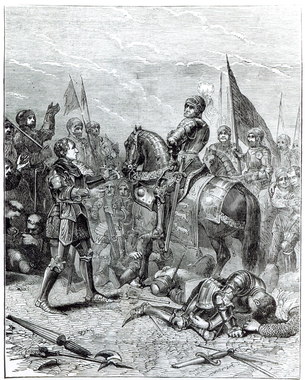 Slaget vid Bosworth Field: Lord Stanley tar med kronan av Richard III (1452-1485) till Richmond, 22 augusti 1485 av English School