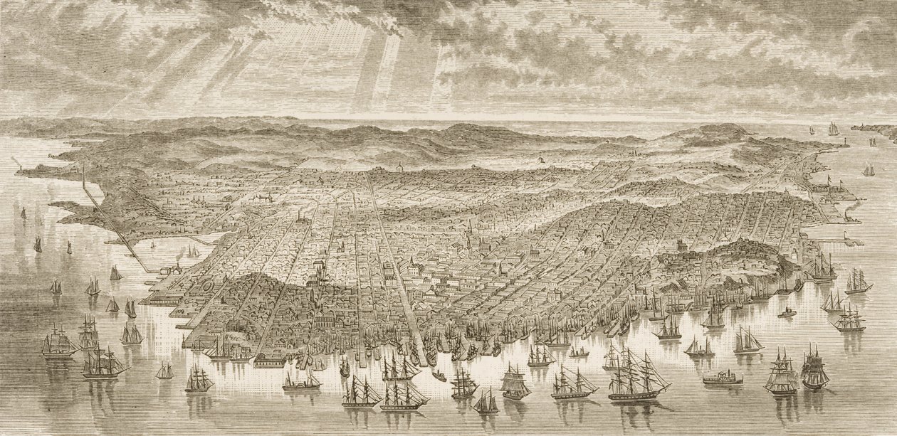 Fågelperspektiv över San Francisco, 1875, från "American Pictures", publicerad av The Religious Tract Society, publicerad 1876 av English School