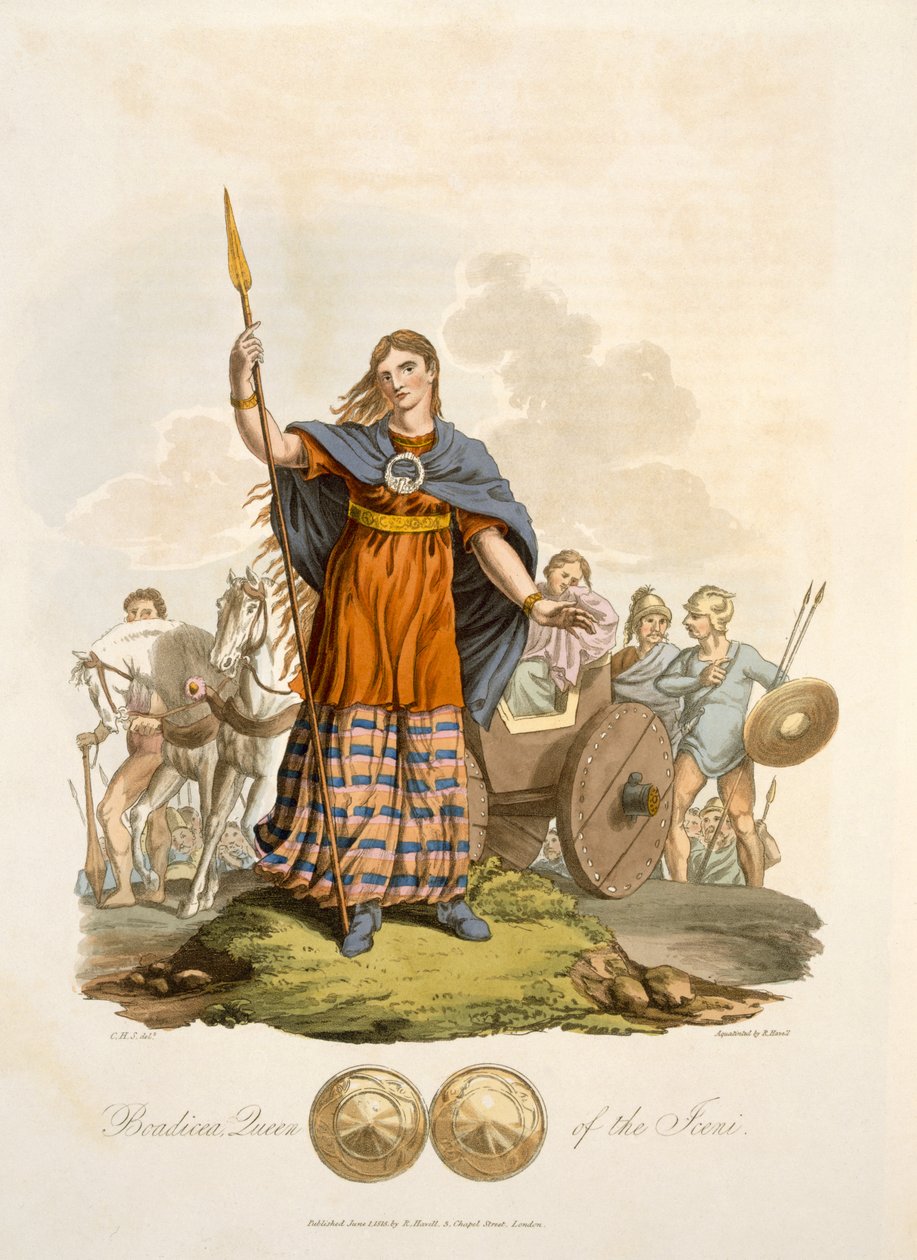 Boadicea, drottning av Iceni, eng. av Richard Havell den äldre, pub. 1815 (handfärgad gravyr) av English School