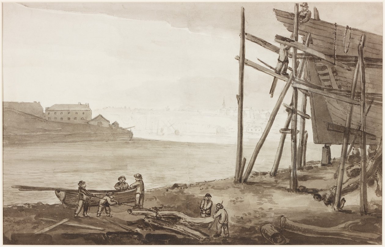 Boat Builders on the Tyne, 1820 (penna & tvätt (brun) på papper) av English School