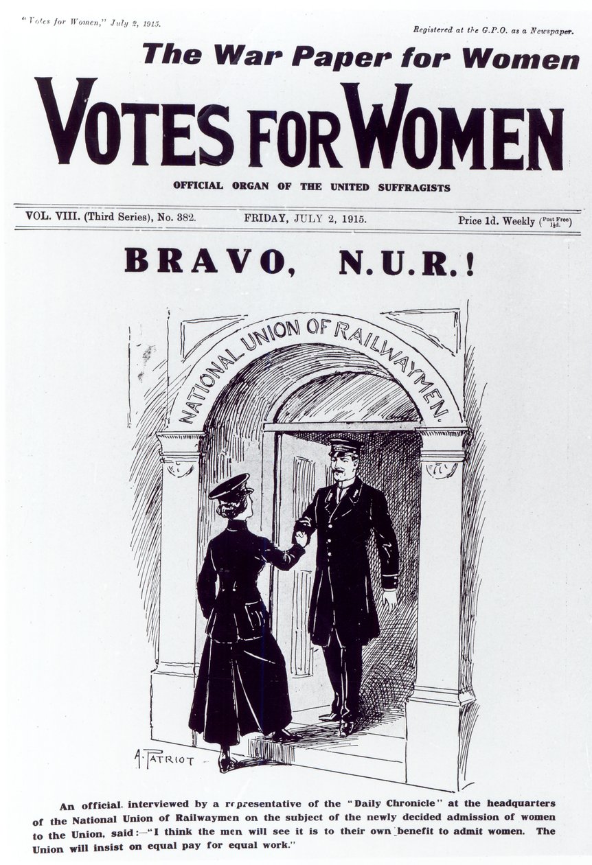 Bravo, N.U.R!, främre omslaget till "Votes for Women", 2 juli 1915 av English School