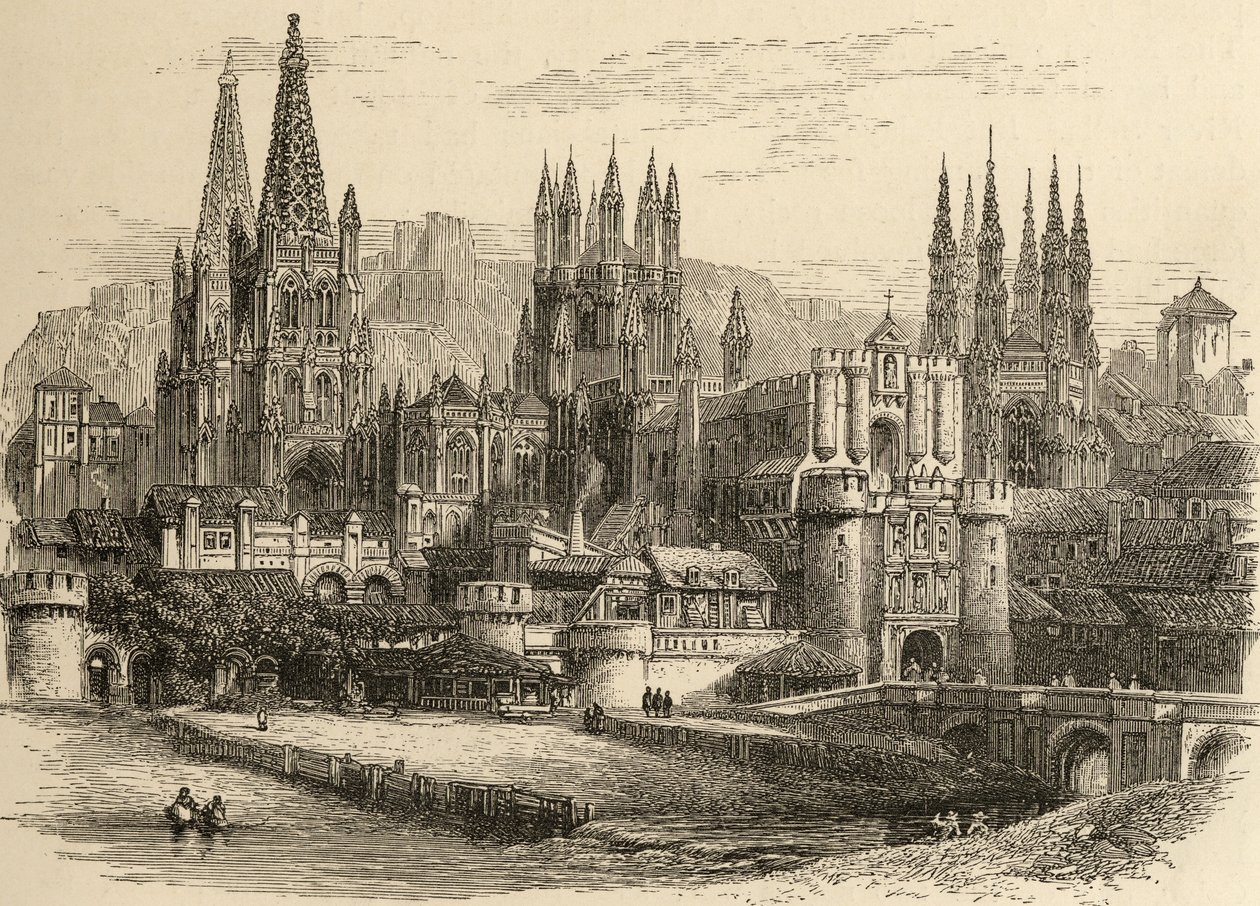 Bron, port och katedral i Burgos, illustration från "Spanish Pictures" av pastor Samuel Manning av English School