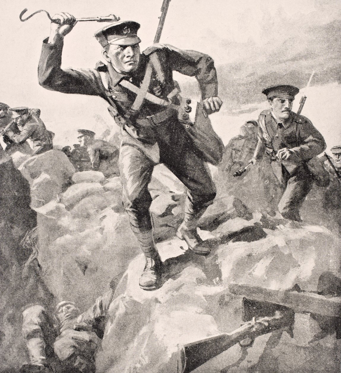 Brittiska trupper attackerar tyska skyttegravar med handgranater, från "The War Illustrated Album deLuxe", publicerad i London, 1916 av English School