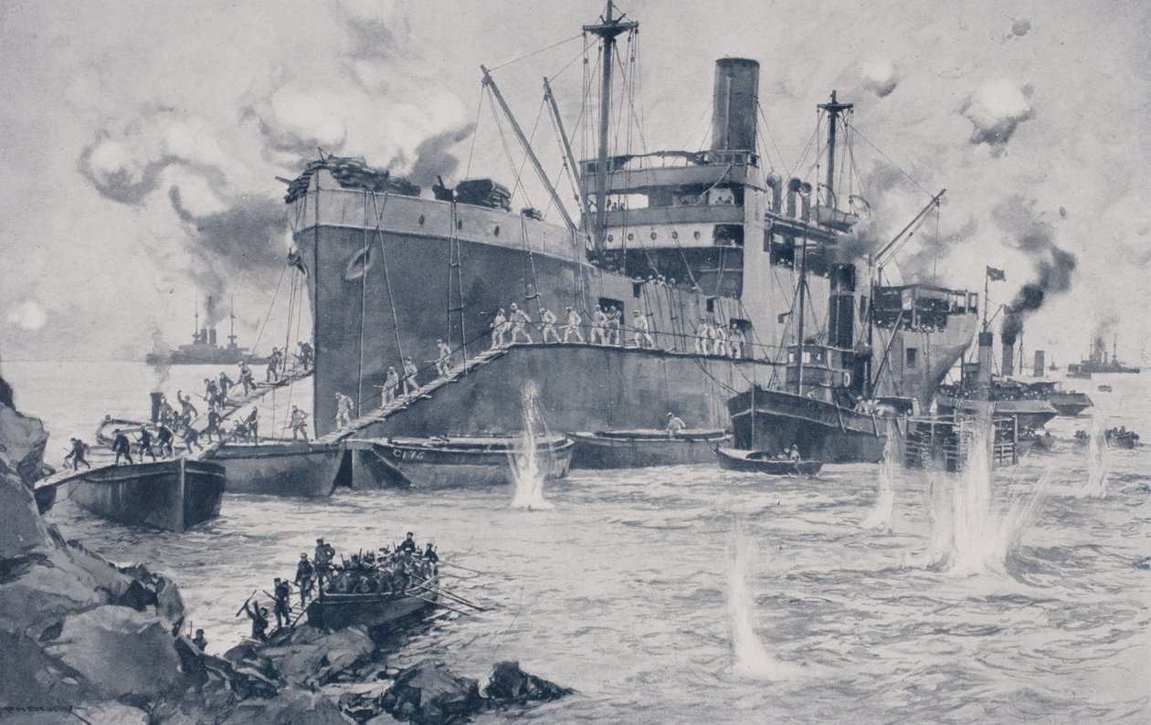 Brittiska trupper landar vid Seddul Bahr, Gallipoli, 15 april 1915 av English School