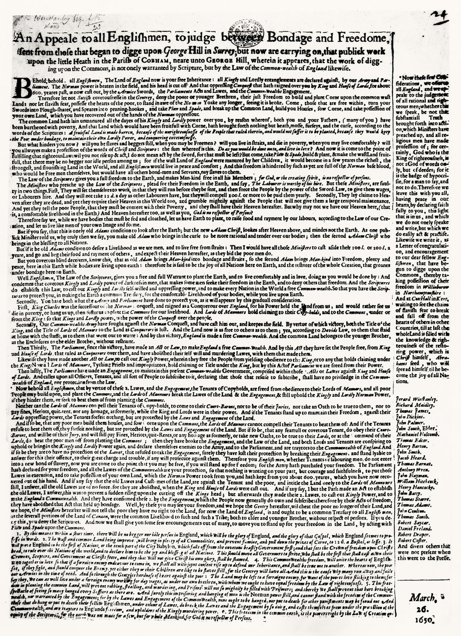 Broadsheet appell till Diggers, publicerad 1650 av English School