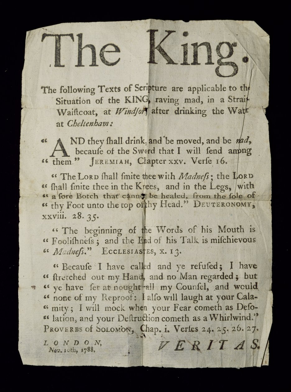 Broadsheet som diskuterar kung George III:s galenskap, 1788 (nyheter tryckt) av English School
