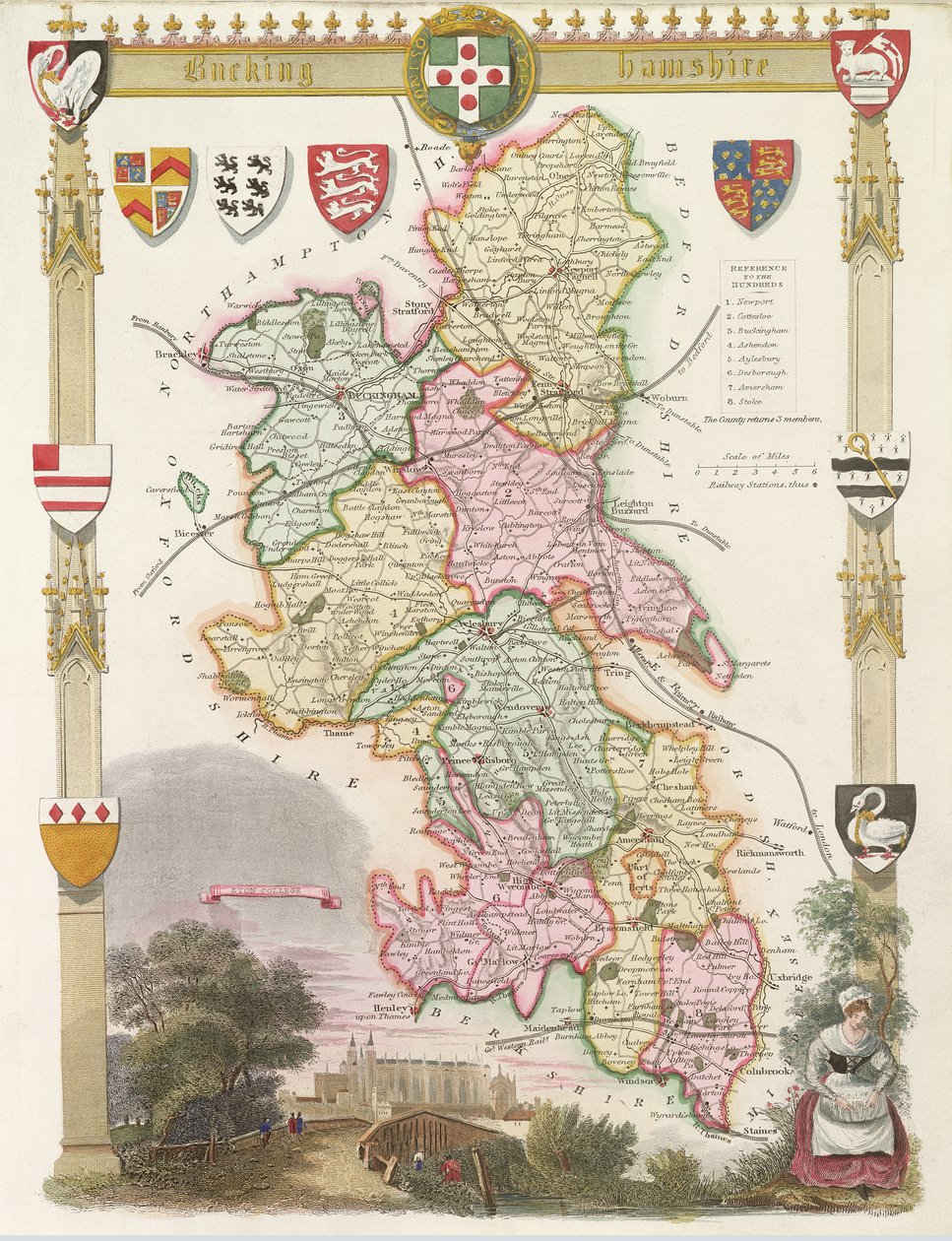 Buckinghamshire med illustrationer av Eton College Chapel (handfärgad gravyr) av English School