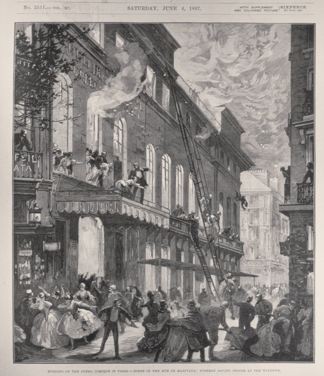 Burning of the Opera Comique i Paris, scen i Rue de Marivaux: Brandmän som räddar människor vid fönstren, från 