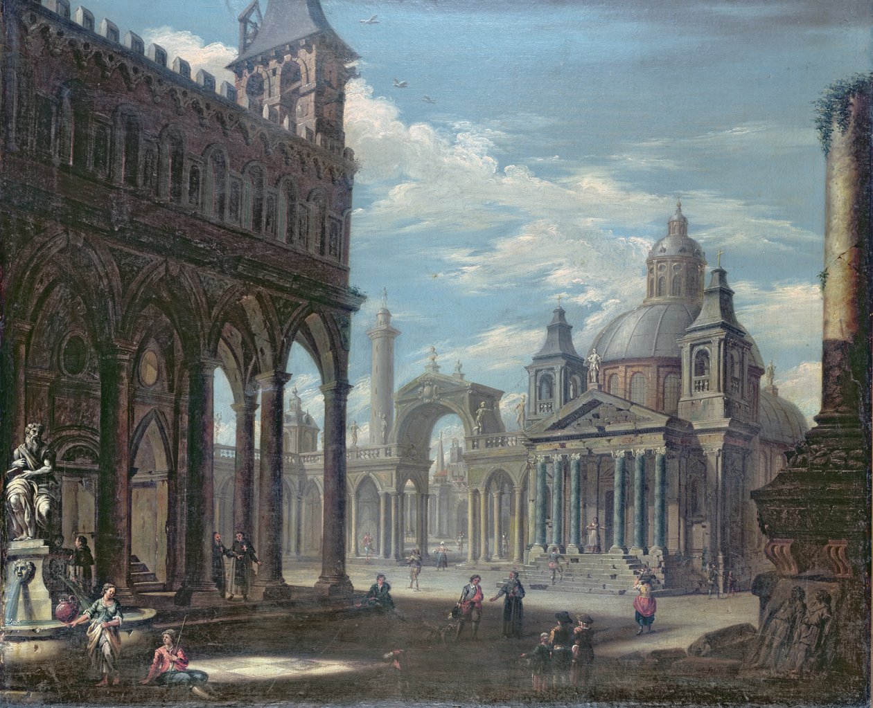 Capriccio av en piazza med gotiska, romerska och barocka byggnader av English School