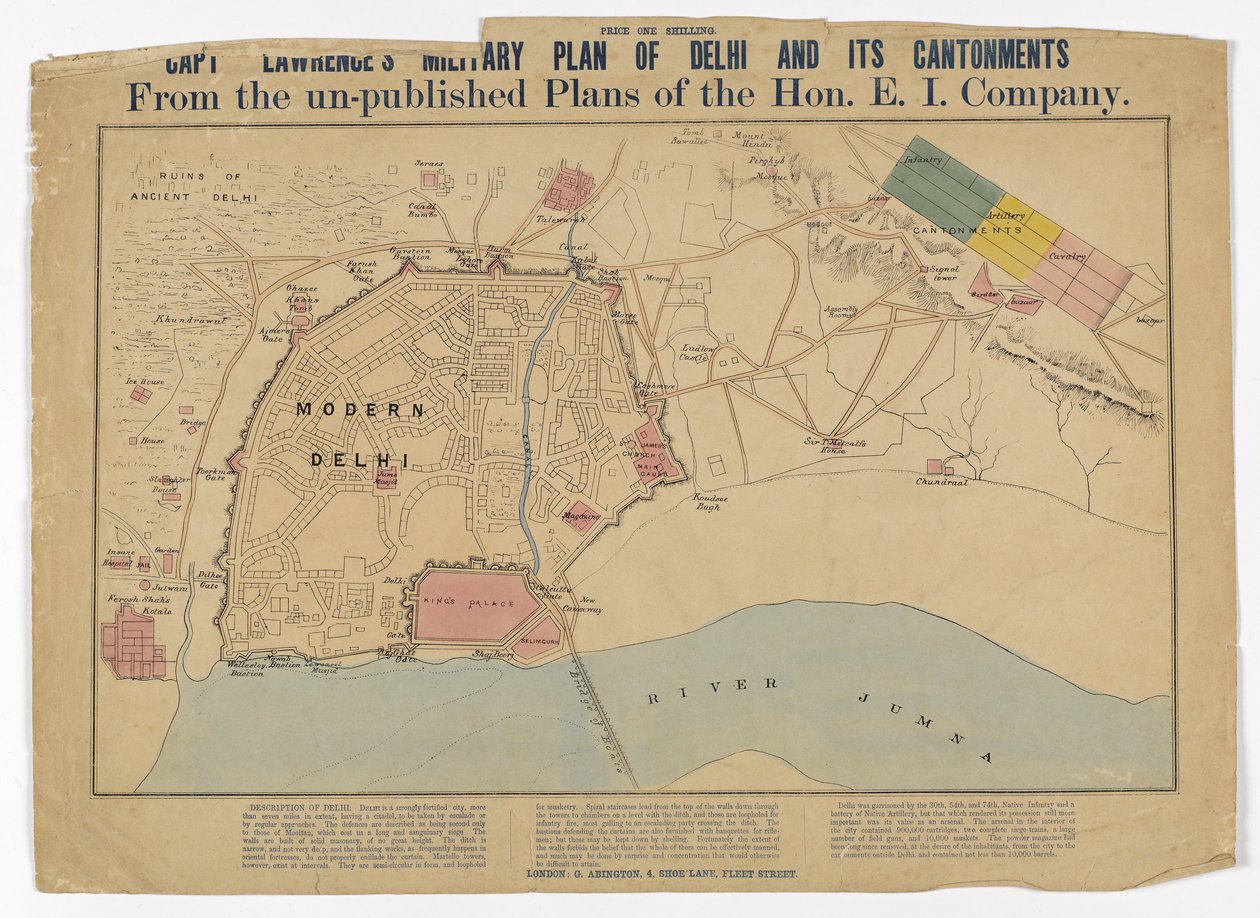 Capt Lawrences militärplan i Delhi och dess kantoner från de opublicerade planerna från Hon E I Company, ca 1860 av English School