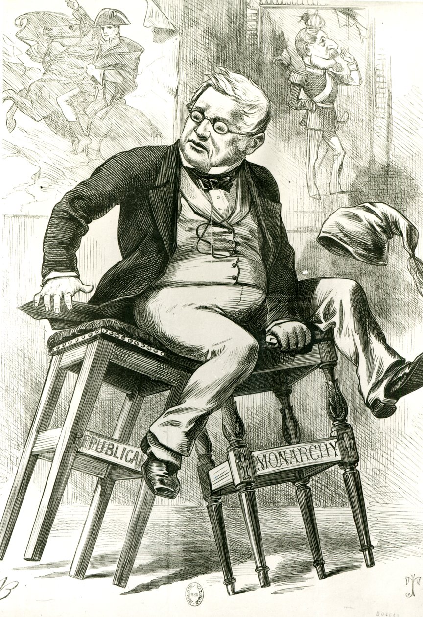Karikatyr av Adolphe Thiers (1797-1877) mellan två pallar, illustration från 