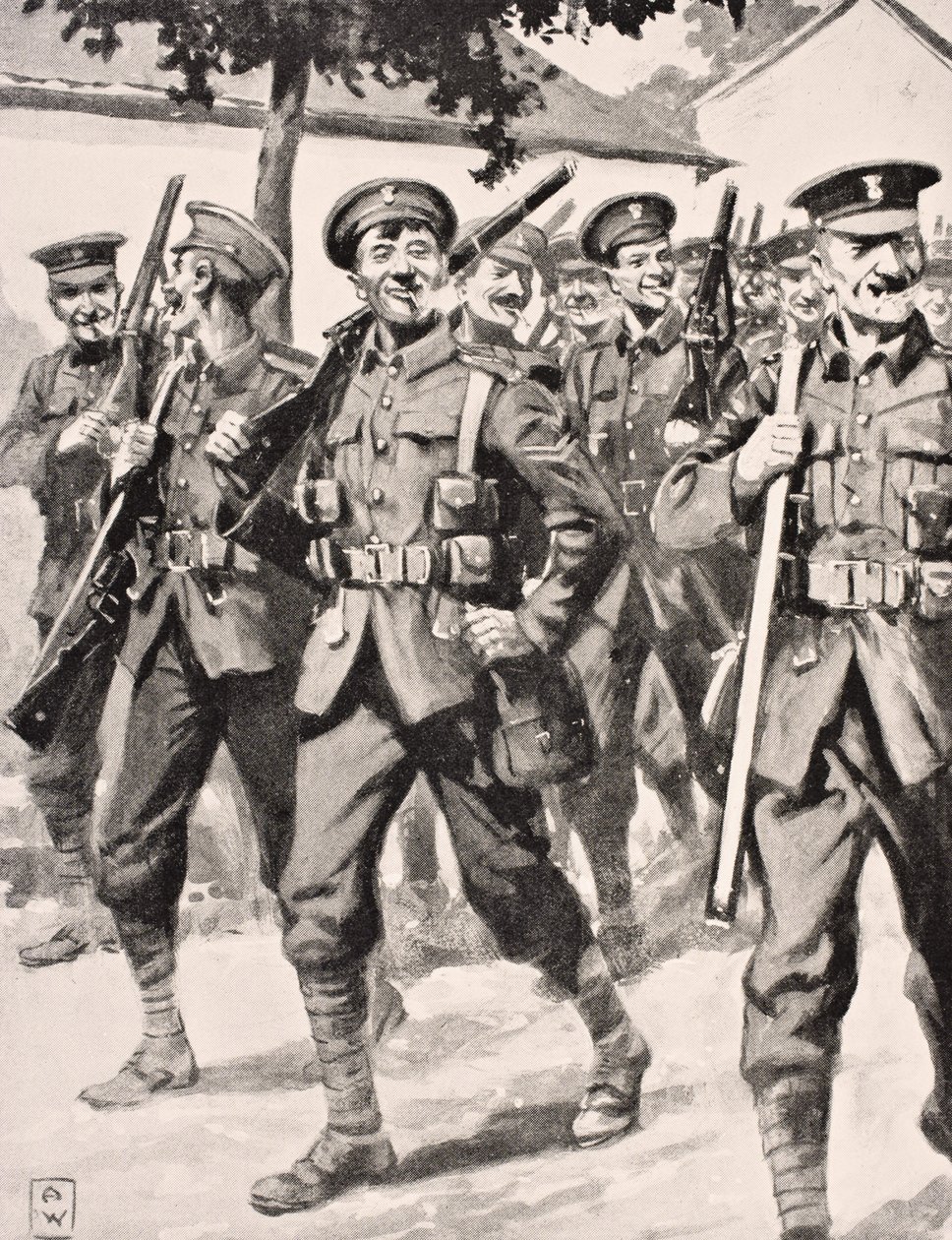 Karikatyrliknande teckning av självsäkra brittiska trupper på väg till frontlinjen Western Front, 1915, från 