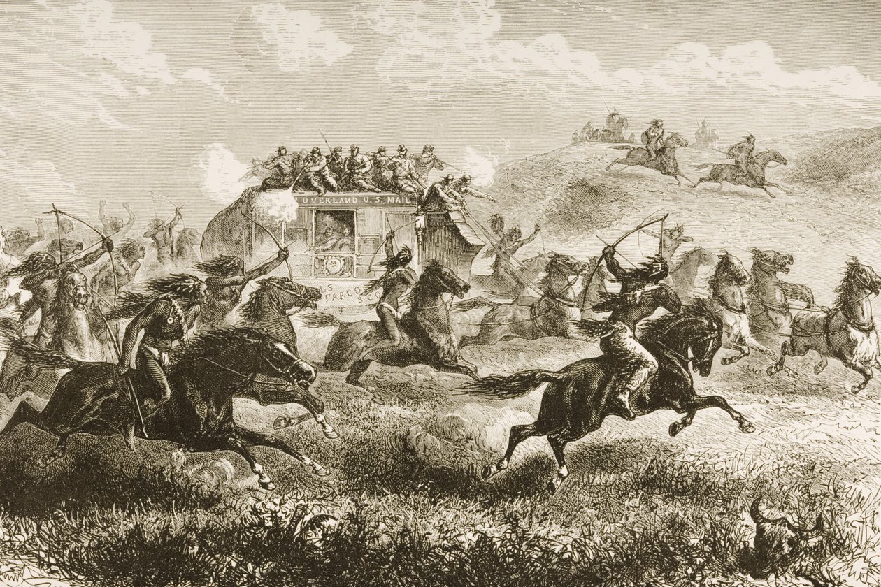 Att bära amerikansk post över Sierra Nevada 1860, från "American Pictures", publicerad av The Religious Tract Society, 1876 av English School