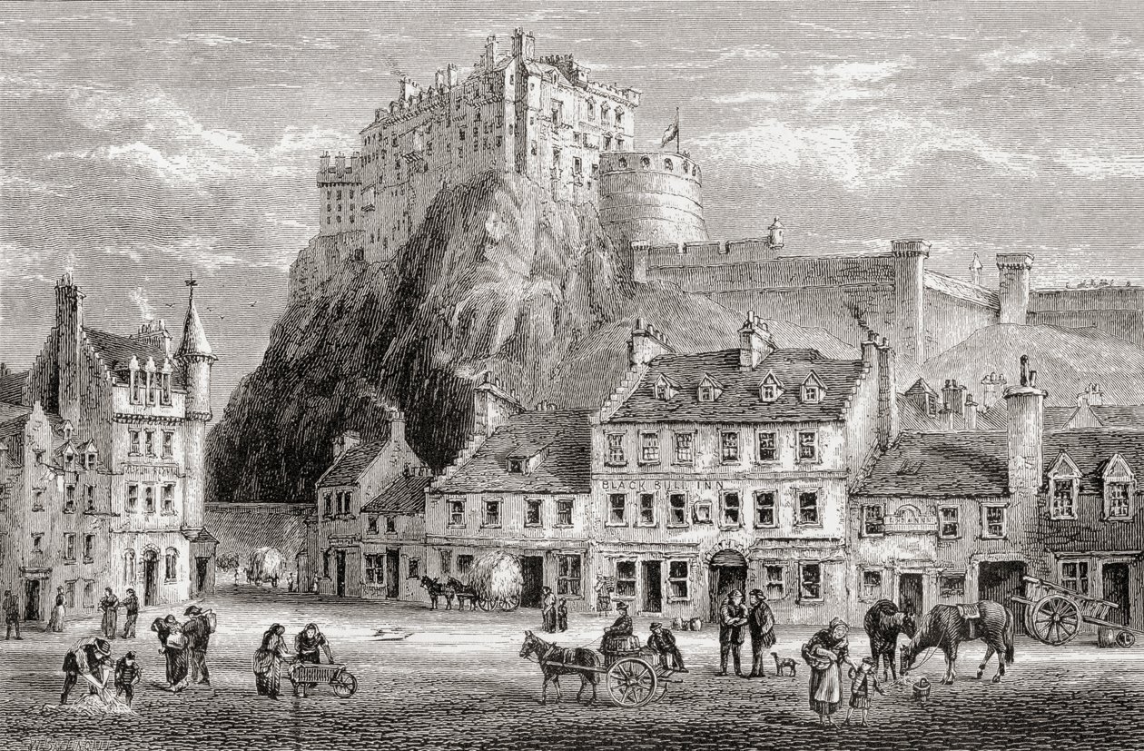 Castle and Grassmarket, Edinburgh, Skottland, från "Scottish Pictures Drawn with Pen and Pencil", av Samuel G. Green, publicerad 1886. av English School