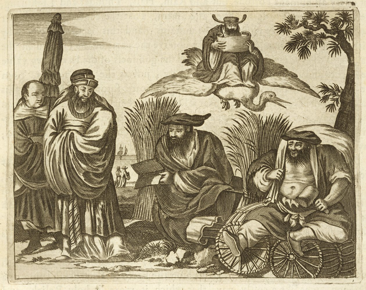 Kinesiska köpmän som konsulterar spåkonsulter för att säkerställa en säker resa, illustration från en beskrivning av ambassader till Kina, 1690 av English School