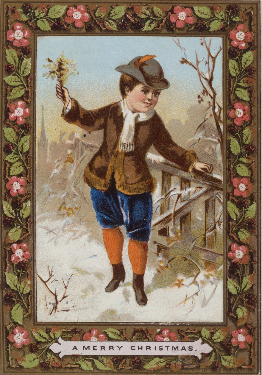 Julkort som visar en pojke som går i snön av English School