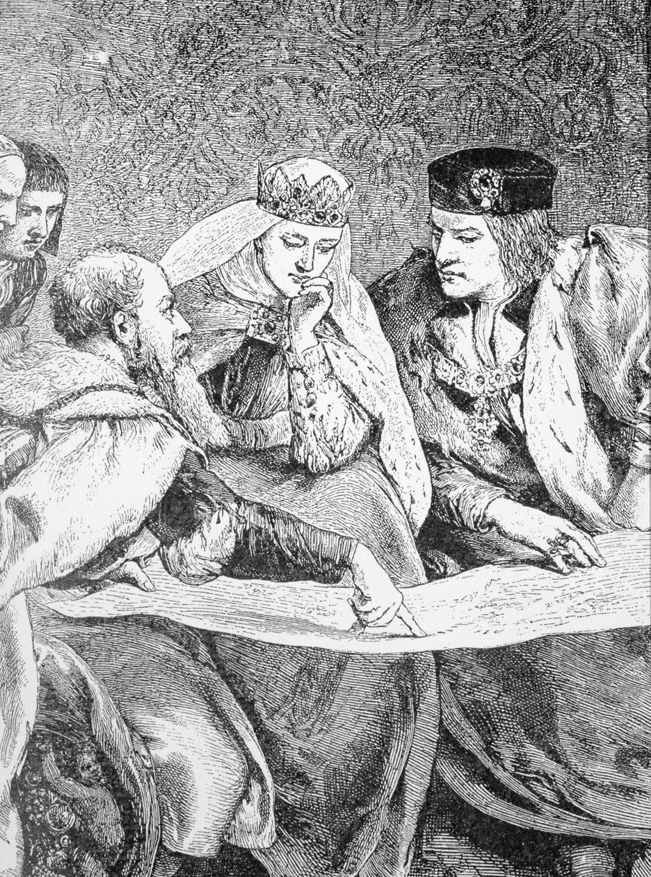 Christopher Columbus (1451-1506) beskriver sin resa till Amerika för kung Ferdinand II (1452-1516) och drottning Isabella (1451-1504) av English School