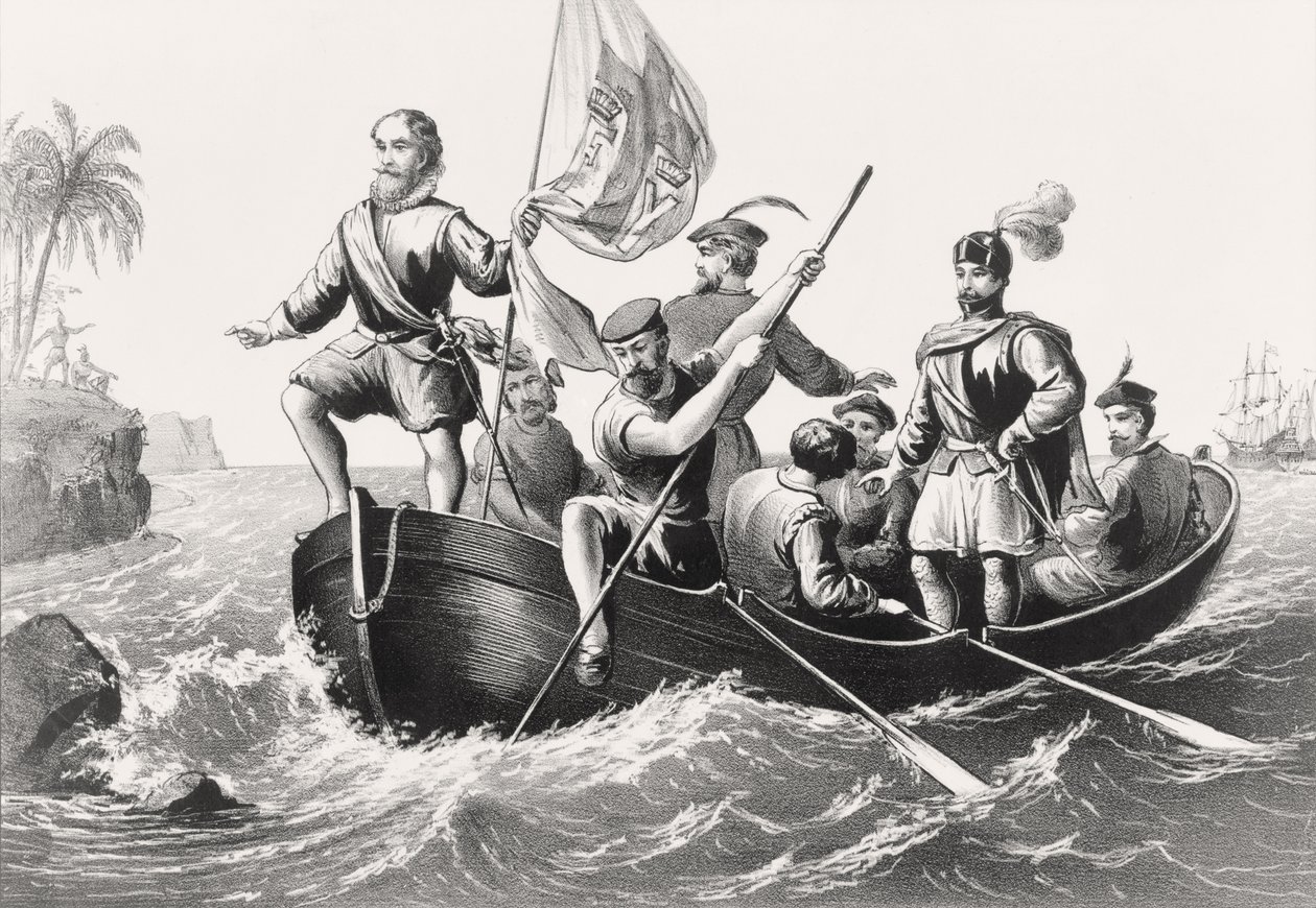 Christopher Columbus sätter sin fot i San Salvador den 12 oktober 1492 av English School