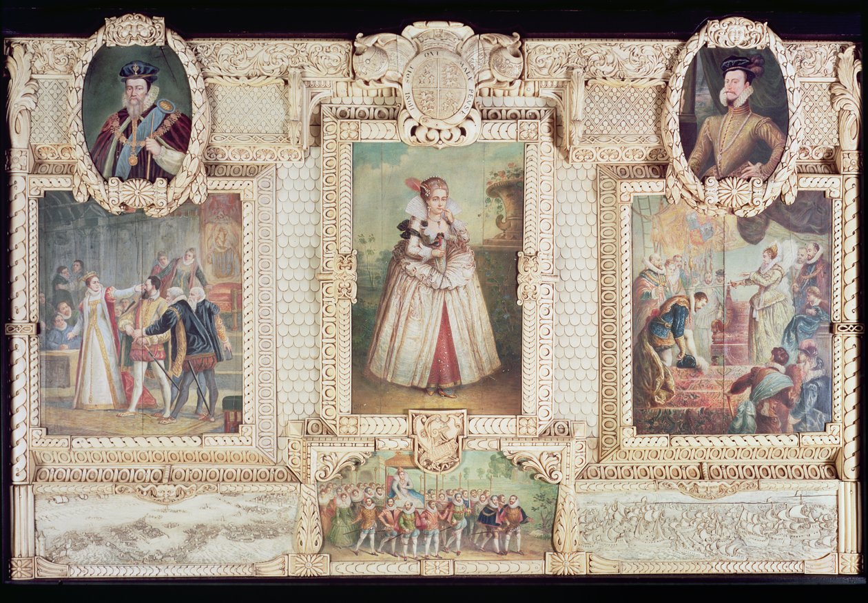 Samling av sex miniatyrer föreställande drottning Elizabeth I, figurer och scener från hennes liv av English School