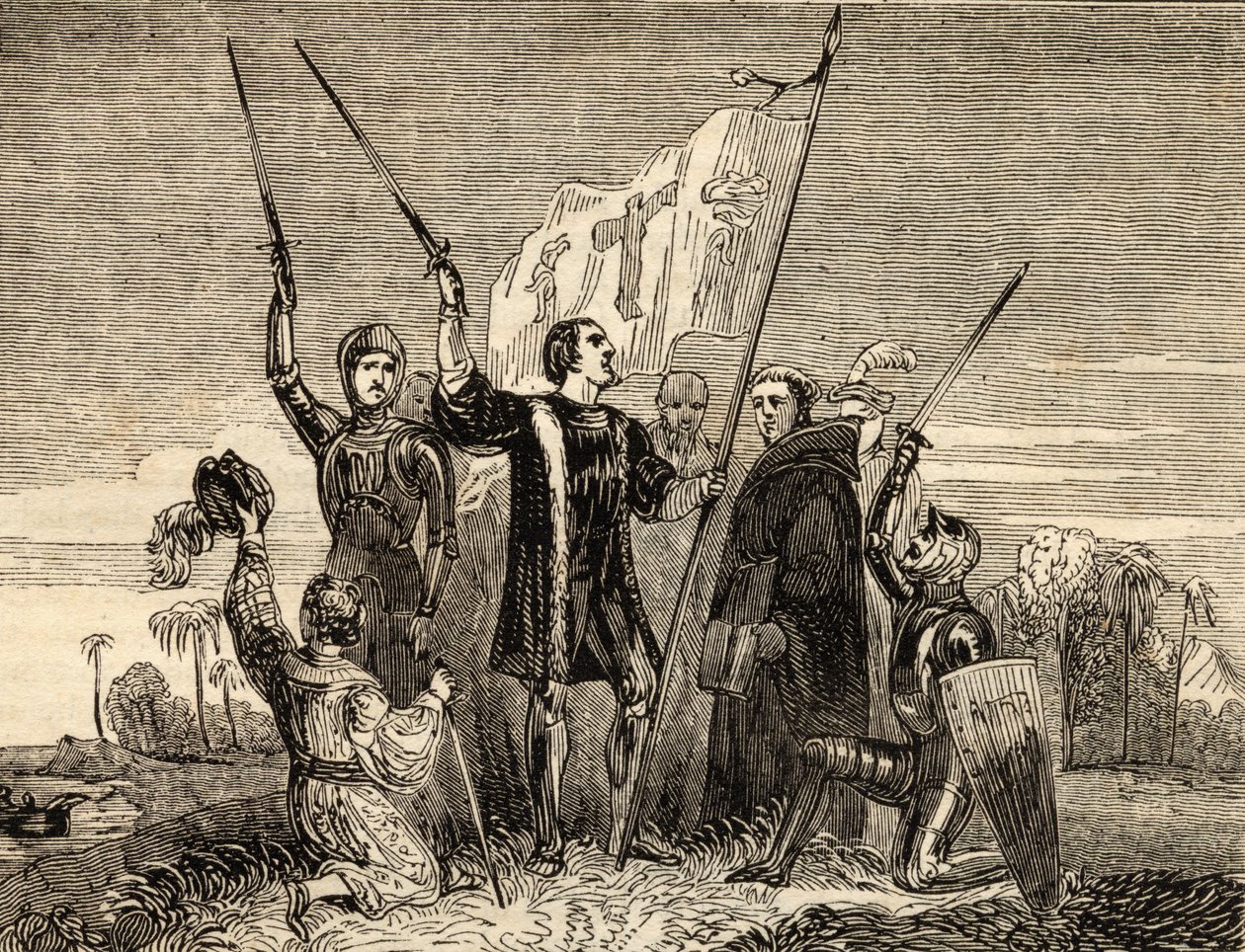 Columbus (1451-1506) Att ta besittning, illustration från "Tales of Travellers or A View of the World", publicerad 1838 av English School