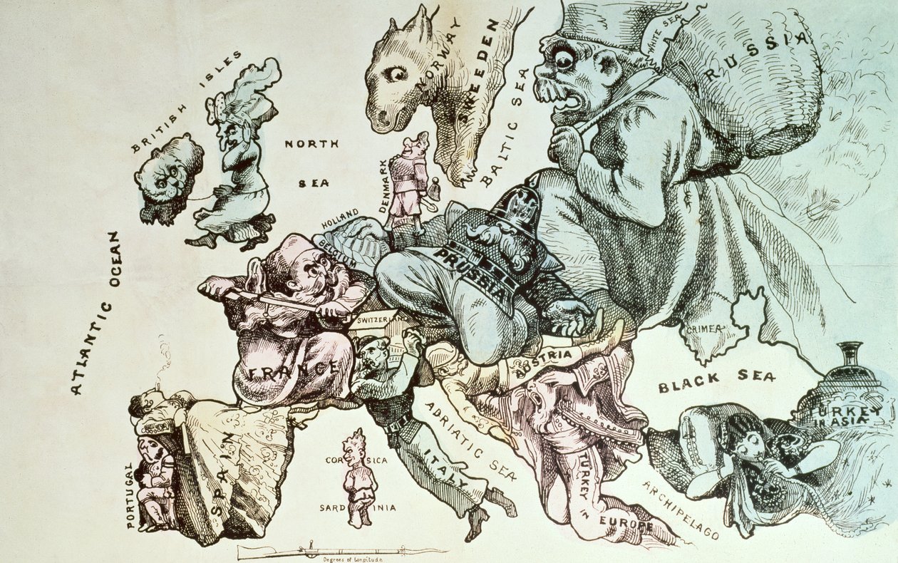 Ramani ya vichekesho ya Uropa na Frederick Rose, c.1870 swed av English School