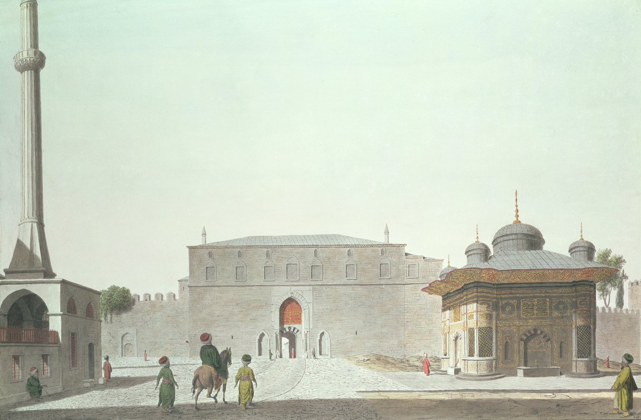 Konstantinopel: Haghia Sophia-torget som visar fontänen och den kejserliga porten till det gamla Seraglio (Topkapipalatset) av English School