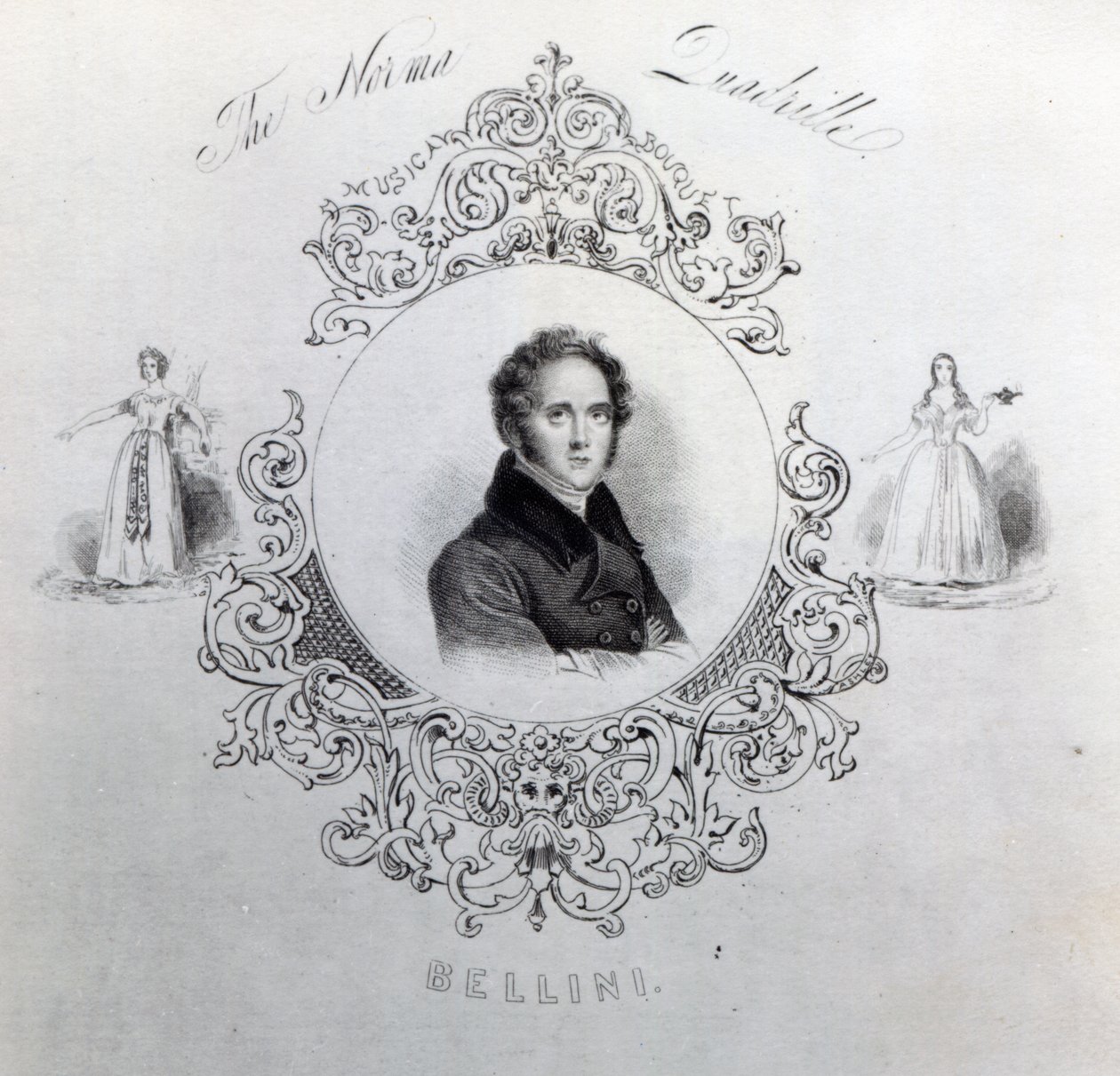 Omslag till Noter för en Quadrille, med ett porträtt av Vincenzo Bellini av English School