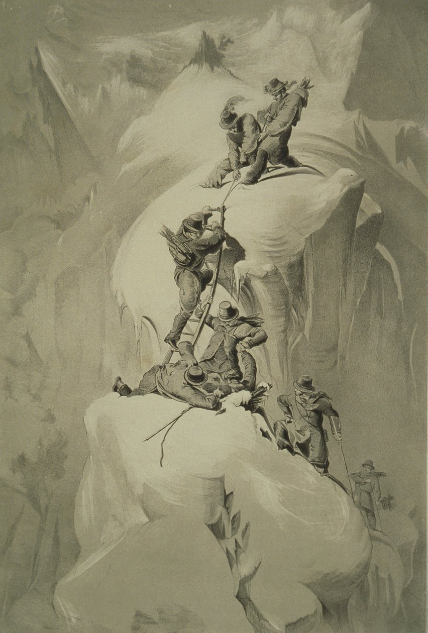 Crossing a crevasse, från tio scener i Mont Blancs sista bestigning inklusive fem vyer från toppmötet, av J.D.H. Browne, publicerad 1853 av English School