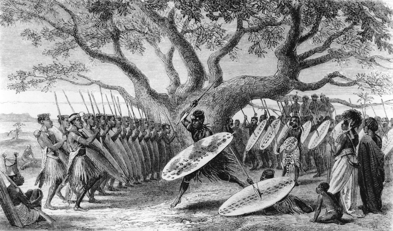 Dans av Landeens, eller zulus, som anlände till Shupanga för att lyfta portugisernas årliga tribut, graverad av Josiah Wood Whymper (1813-1903) av English School