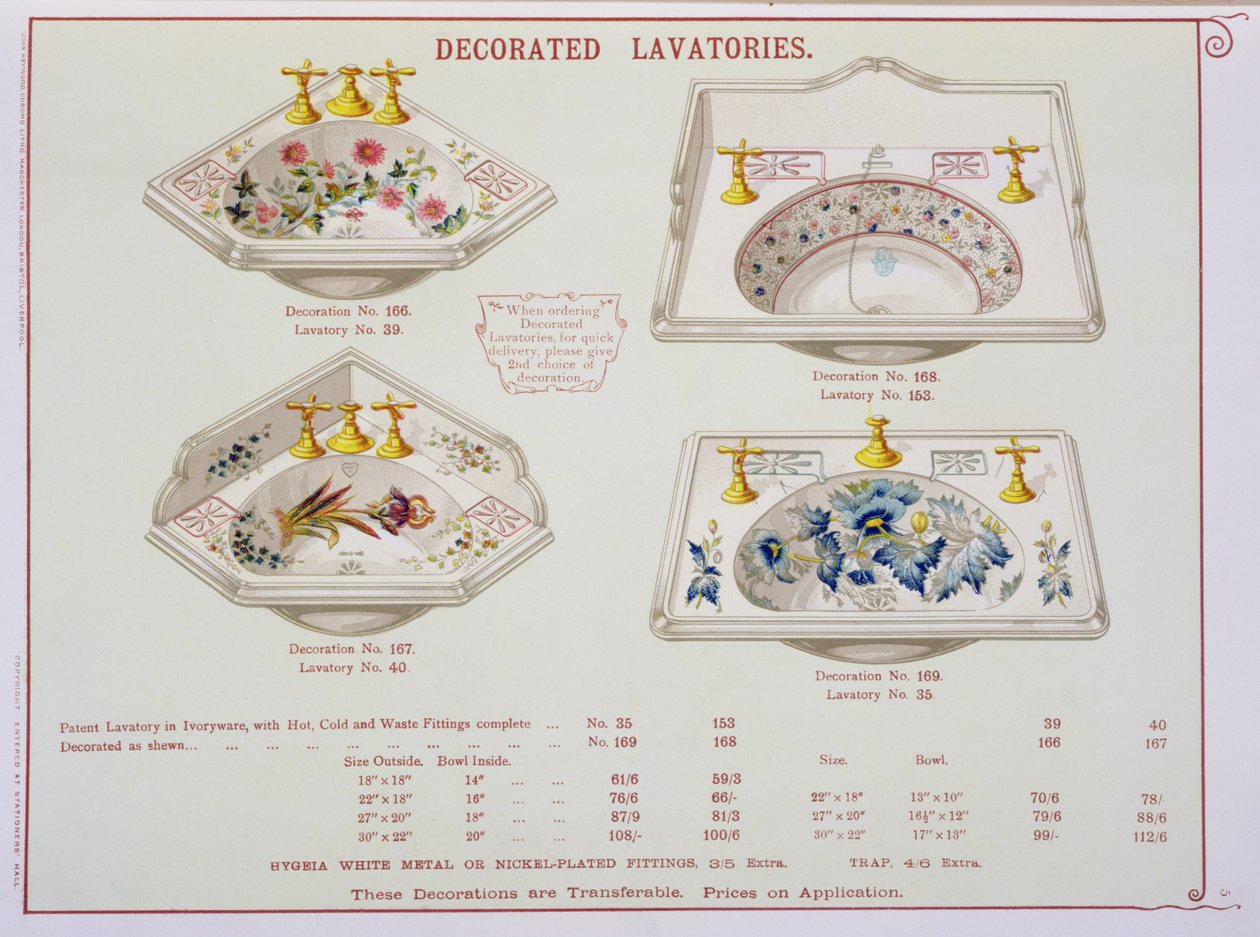 Dekorerade toaletter från en katalog över sanitetsartiklar producerad av Morrison, Ingram & Co., Manchester, publicerad ca 1890 av English School